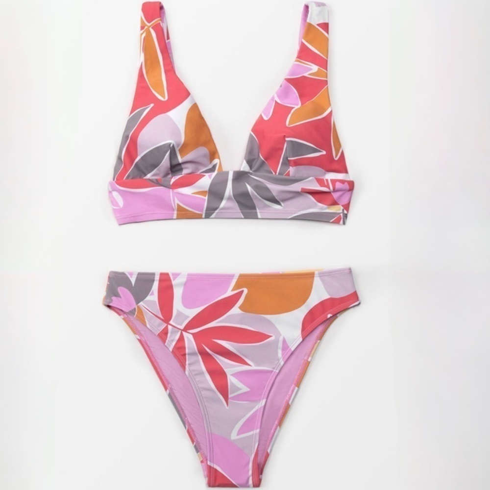 NWT Cupshe Plunge Floral High Waisted Bikini Set Pink/Orange